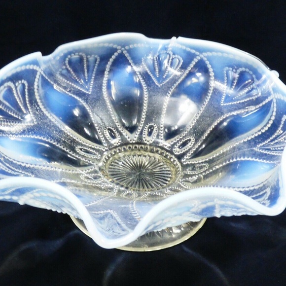 VTG White Opalescent Moonstone Glass Ruffled Rim footed Pedestal Candy Dish Bowl - Picture 6 of 8